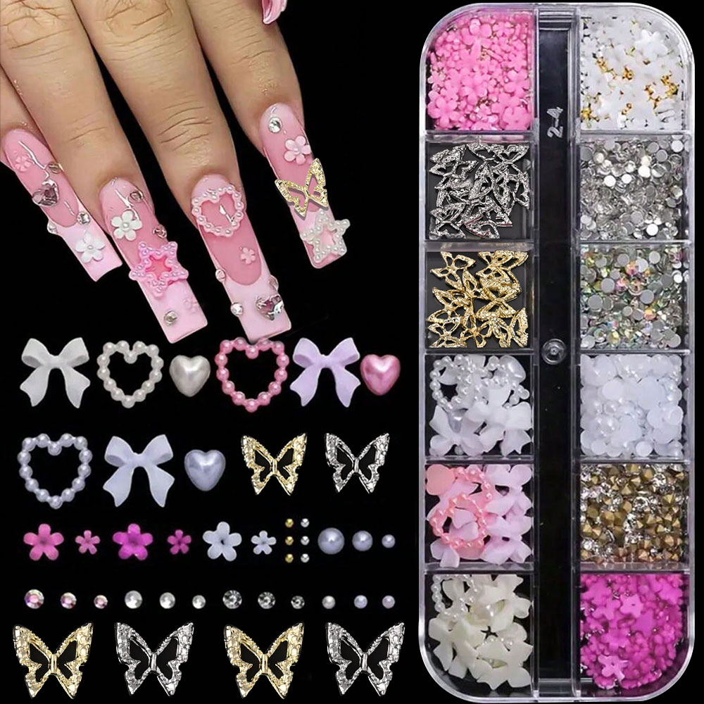 12Grid Pink White Bow Nail Art - đánh giá và giá Crystal Bead Mix