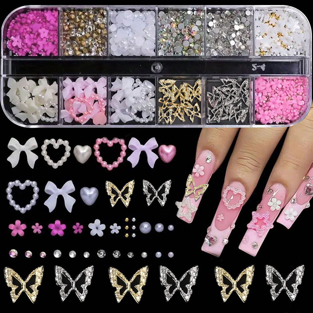 12Grid Pink White Bow Nail Art - đánh giá và giá Crystal Bead Mix