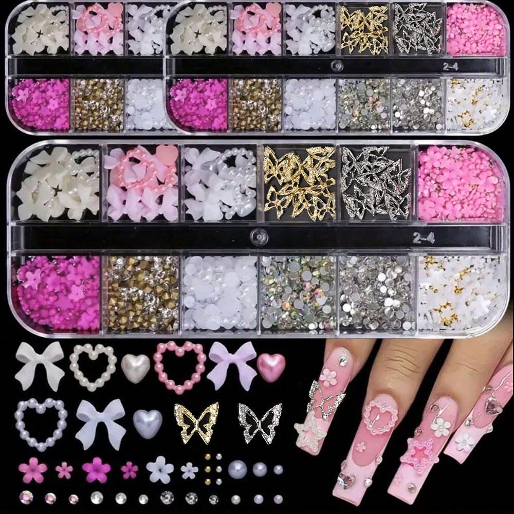 12Grid Pink White Bow Nail Art - đánh giá và giá Crystal Bead Mix